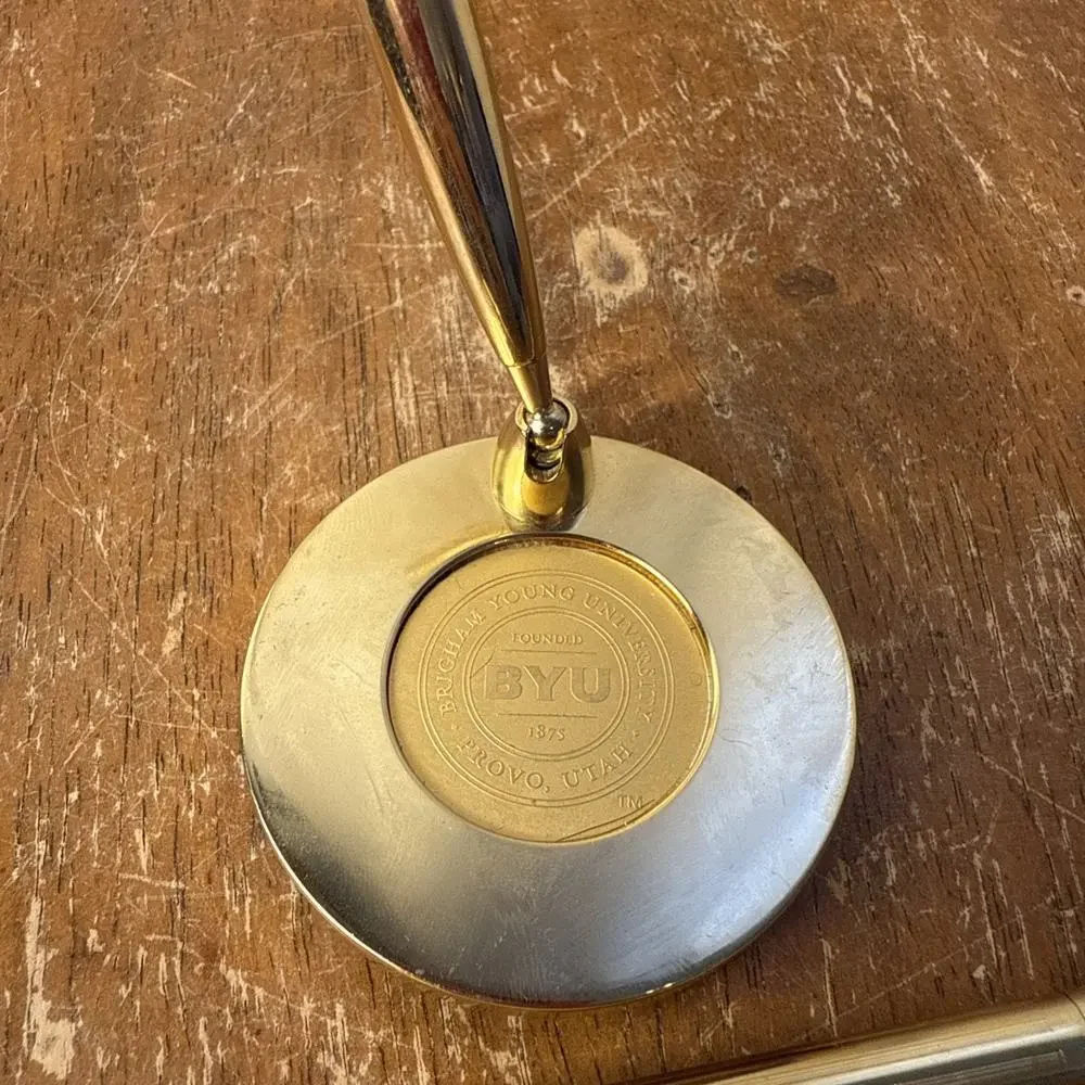 BYU Gold Plated‎ Desk Set Ballpoint Pen Stand Collector Office Alumni Gift Decor